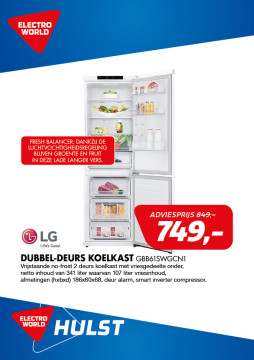 LG Dubbel-deurs koelkast GBB61SWGCN1 749,-